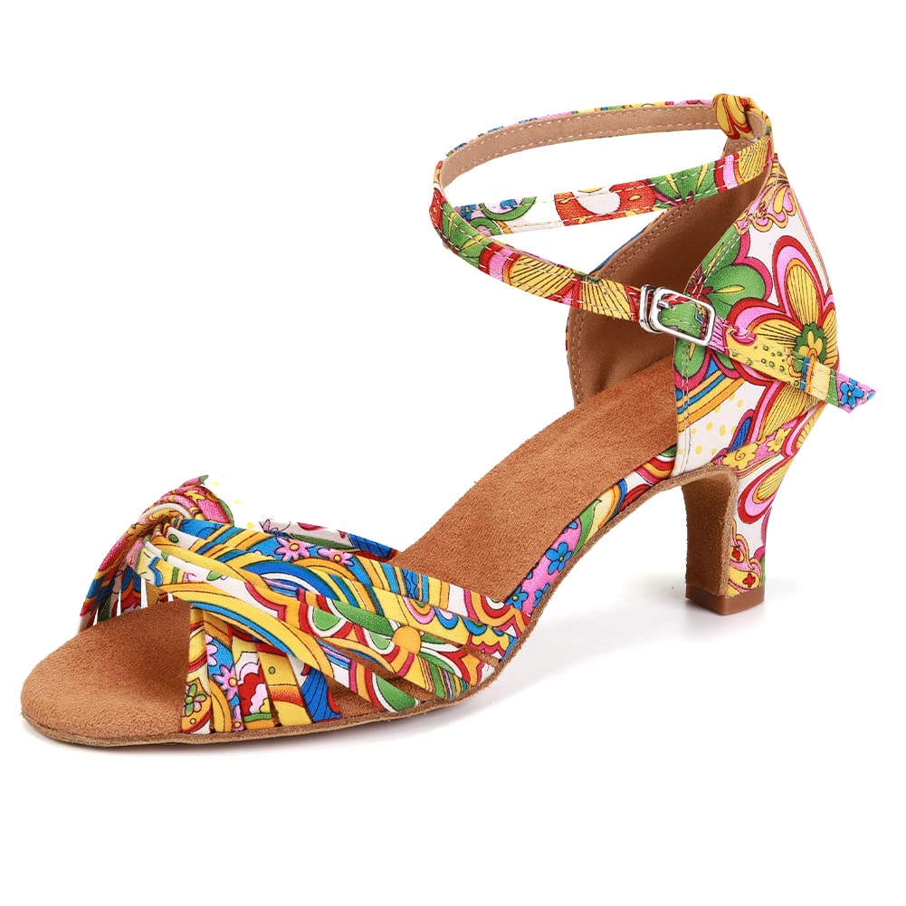 Women's Latin Salsa Shoes Colorful Print Satin Cross-Strap Ballroom Heels Model L255-image-28