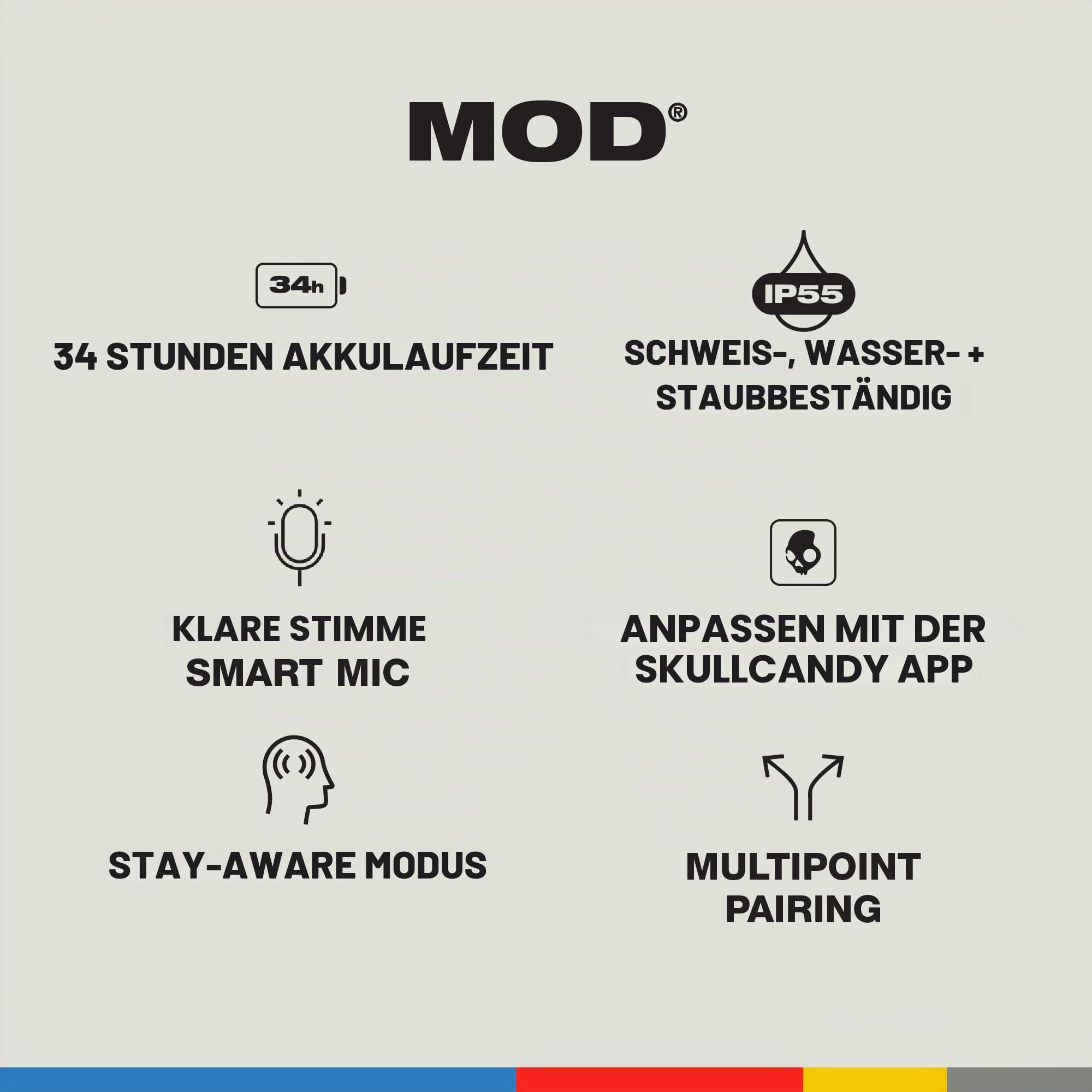 Skullcandy Mod Kabelloser In-Ear Kopfhörer, 34 Std. Akkulaufzeit, Mikro, Kompatibel mit iPhone, Android und Bluetooth-Geräten - Grau/Blau