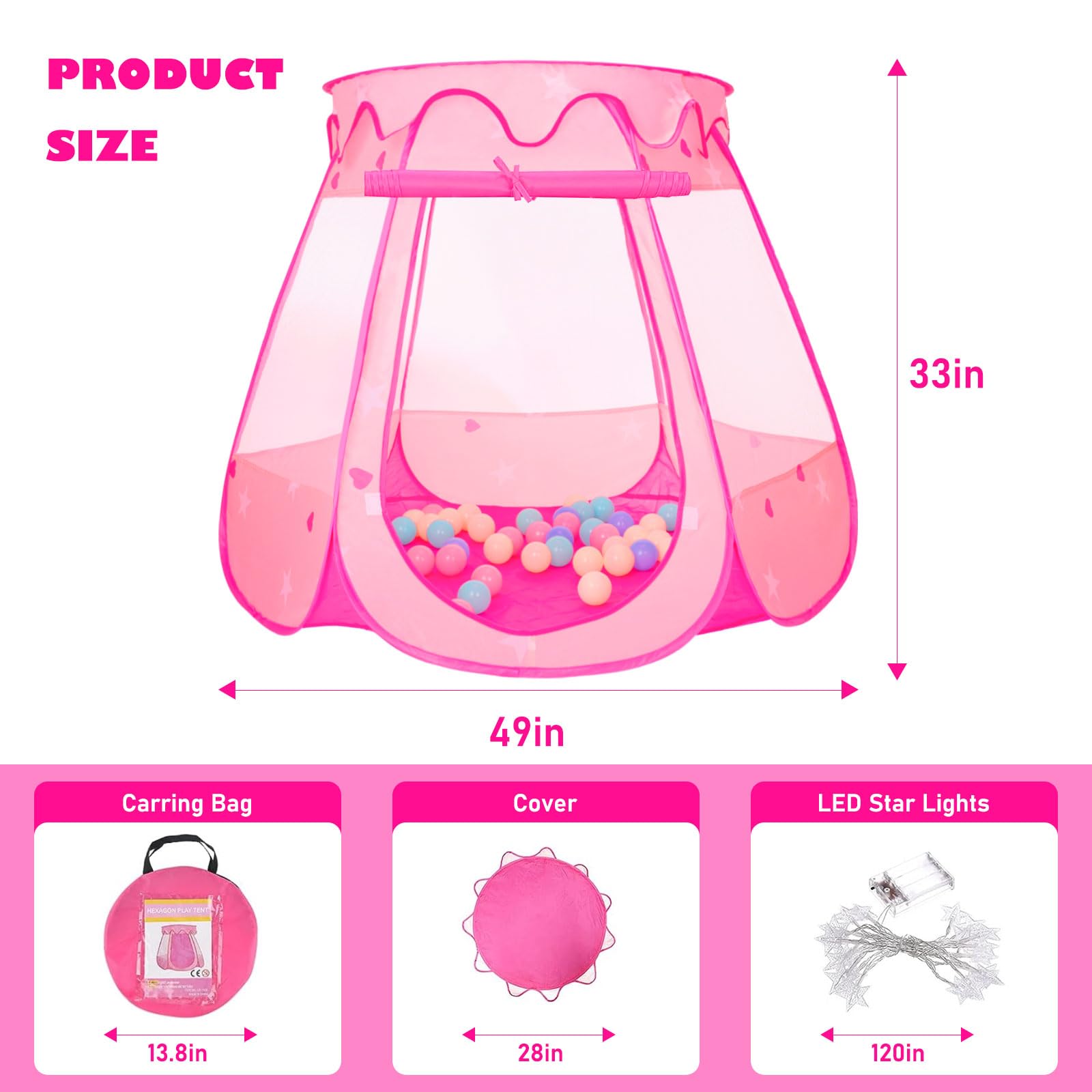 Pop Up Princess Tent with 50 Balls,Ball Pit with Star Lights for 1 2 3 Year Old Girl Birthday Gift,Princess Toys for Toddlers with Carrying Bag,Play Tent for Kids Indoor|Outdoor