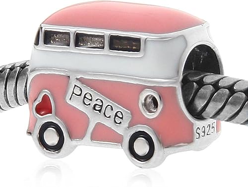 Miniatura 4 de Abalorio de autobús de la paz con esmalte rosa de plata de ley 925 con dije de paz para viaje, para bricolaje, pulsera, Plata esterlina, plata de ley