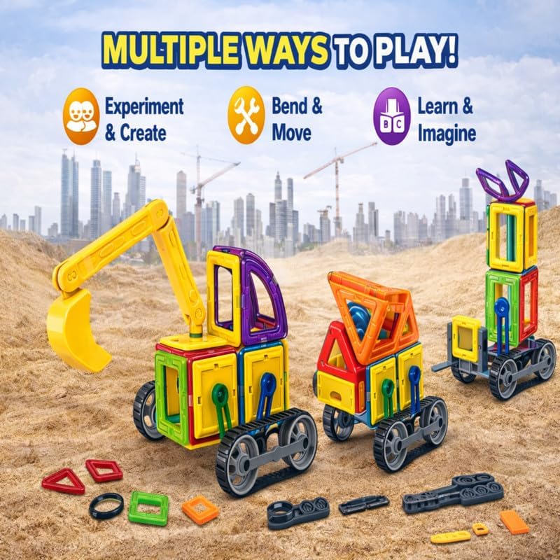 Image of 48 PCS Magnetic Building Blocks Construction Vehicle Set for Kids | Magnetic Tiles with Excavator, Crane, Trucks & Road Track | STEM Educational Toy for Boys & Girls Age 3+ Years