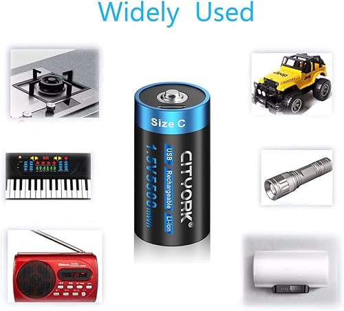 Miniatura 5 de Paquete de 4 baterías de litio C recargables USB tipo C de 1.5 V 5500 mWh, salida constante, baterías de iones de litio de celda C, carga rápida