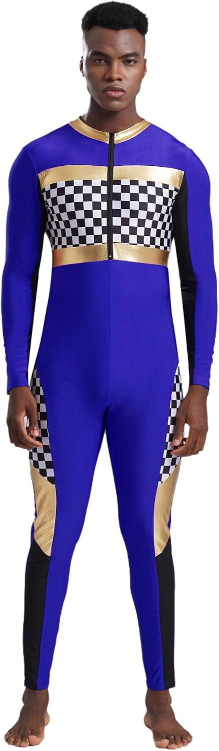 Jhaoyu Men's Race Car Driver Costume Jumpsuit Checkerboard Plaid Rompers Finish Line Racer Outfits