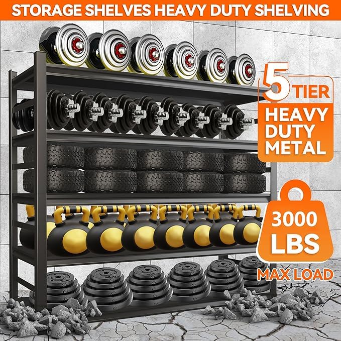 Image of Heavy Duty Garage Shelving, 87 inch H x 47.2 inch W x 23.6 inch D, 3000 lbs Load Capacity, Sturdy Steel Metal Shelves for Storage, Industrial Black 5-Tier Shelving Rack for Garage, Basement, and Workshop