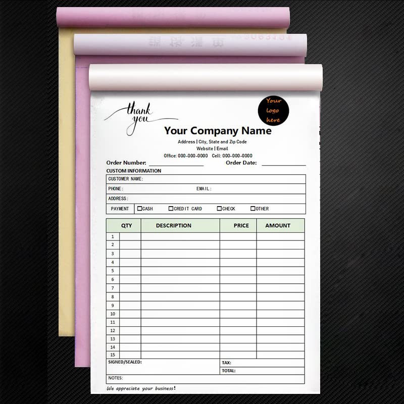 Custom Carbonless Sales Rechnungsformular Bücher für kleine Unternehmen, personalisiertes NCR 3-teiliges Quittungsbuch mit Carbon-Kopien, Cover hinzufügen Firmenname, Adresse und Nummer gedruckt