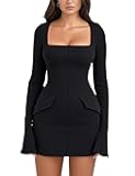 Women's Fashion Long Sleeve Square Neck Bodycon Party Club Short Mini Dress