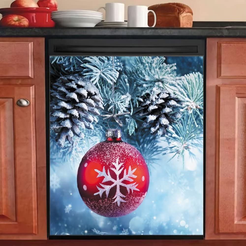 Christmas Dishwasher Magnet Cover Sticker, Pine Cones Snow Appliances Decorate Magnetic Stickers, Refrigerator Front Door Magnets Decals 23inch W x 26inch H