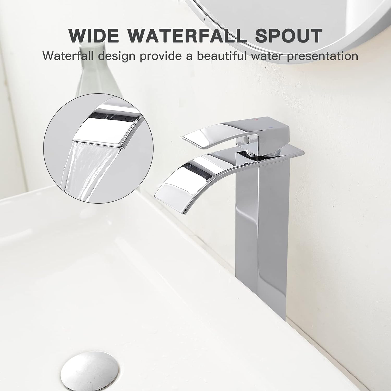 Homevacious Vessel Sink Faucet Tall Modern Waterfall Bathroom Faucet Single Handle 1 Hole Bowl Lavatory Vanity Rv Camper Farmhouse Sink Faucet with Pop-Up Drain and 2 Supply Hoses - Chrome
