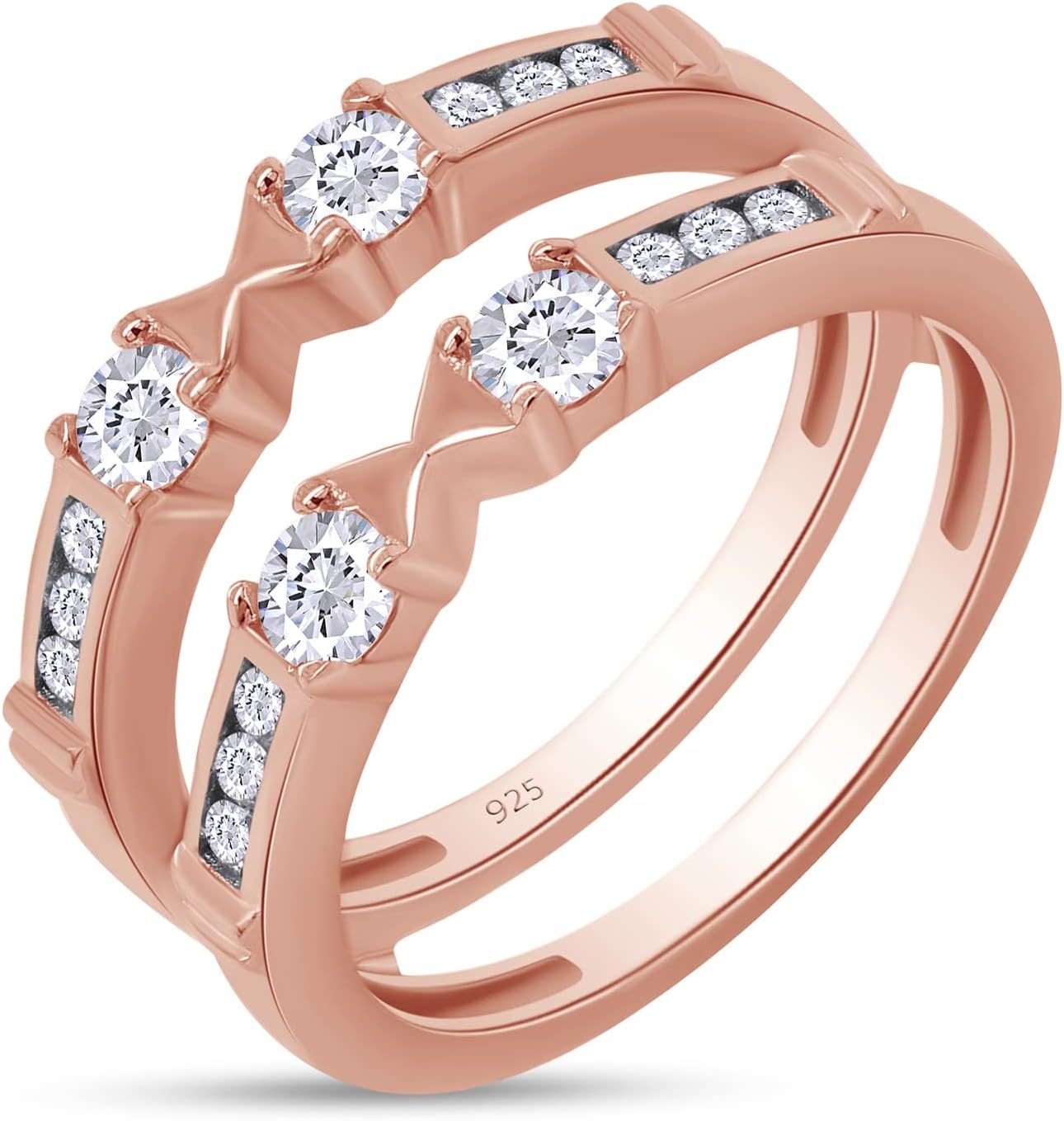 SAVEARTH DIAMONDS 3/5 ct t.w Round Cut Lab Created Moissanite Diamond Anniversary Wedding Solitaire Enhancer Guard Ring For Women In 14K Gold Over Sterling Silver(D Color, VVS1 Clarity 0.60 Cttw)