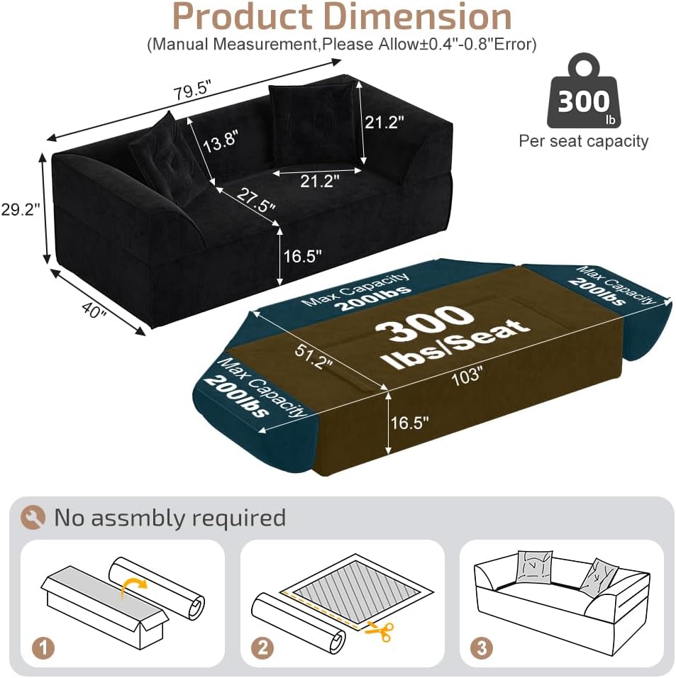 79.5" Convertible Sofa Bed,Loveseat Sleeper Cloud Couch for Living Room,Sparkling Chenille Boneless Couches Bed,Folding Sofa Bed with Pillows for Office,Small Apartment,Black