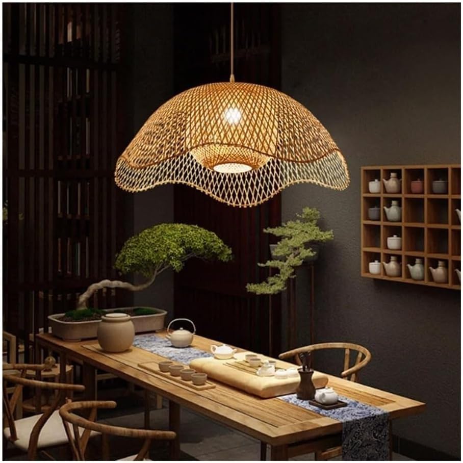 Natural Hanging Ceiling Lamps with - Rattan Shade, Hand-Woven Wicker Pendant Lights Fixture Compatible with Kitchen, Boho Farmhouse Chandelier,
