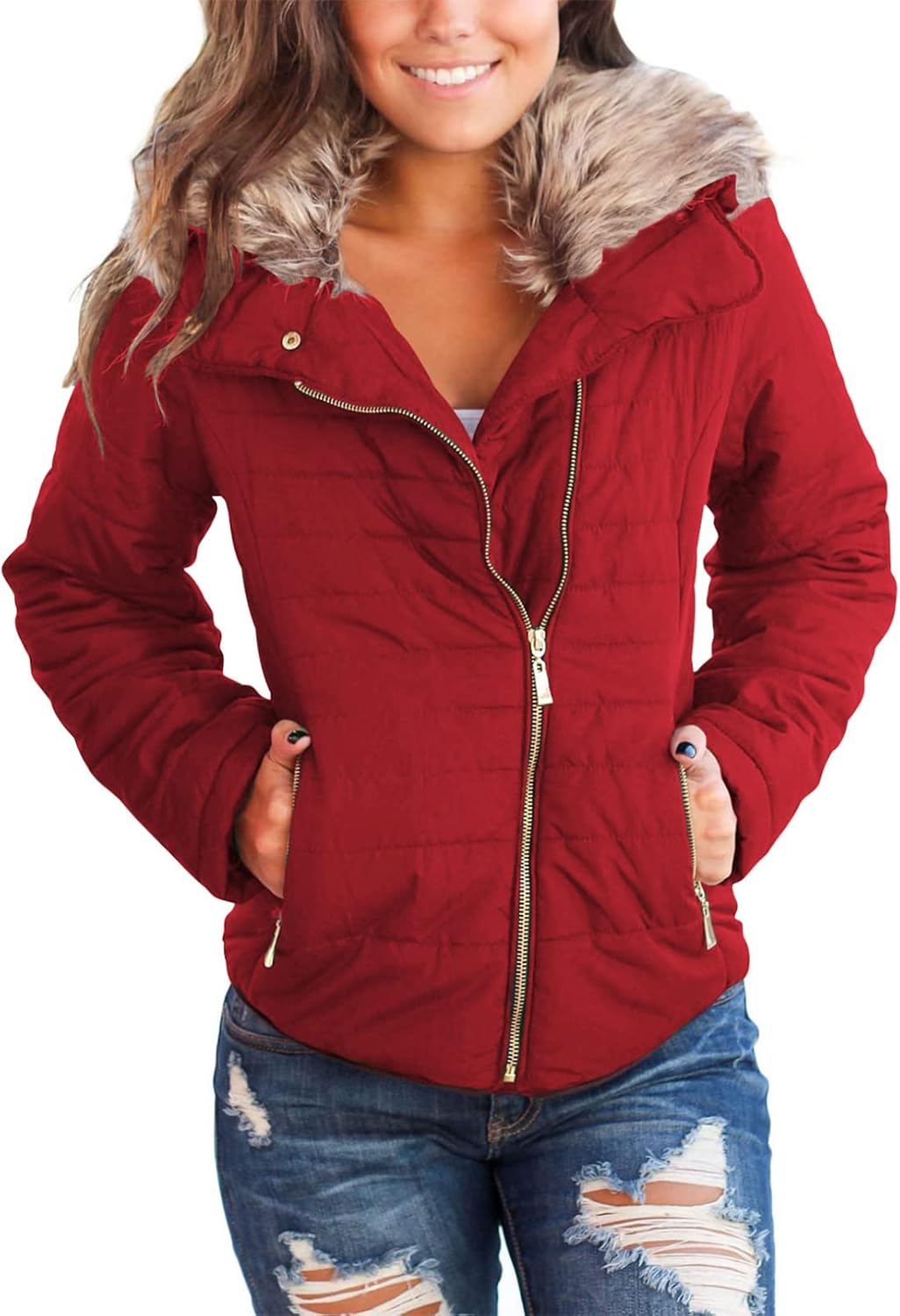 Dokotoo Womens Winter 2023 Fashion Zip Up Quilted Jacket Coat Outerwear (S-XXL,No Hooded)