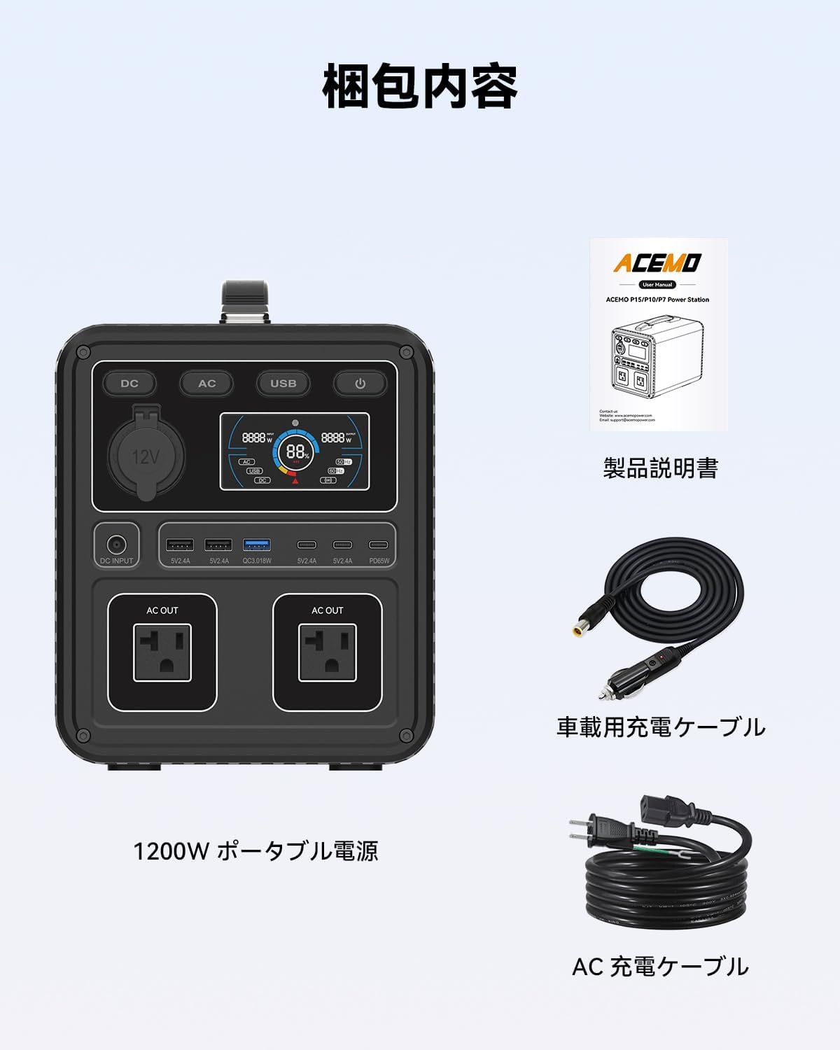 Image showing the ACEMO P10 Portable Power Station and its included accessories: AC charging cable, car charging cable, and user manual.