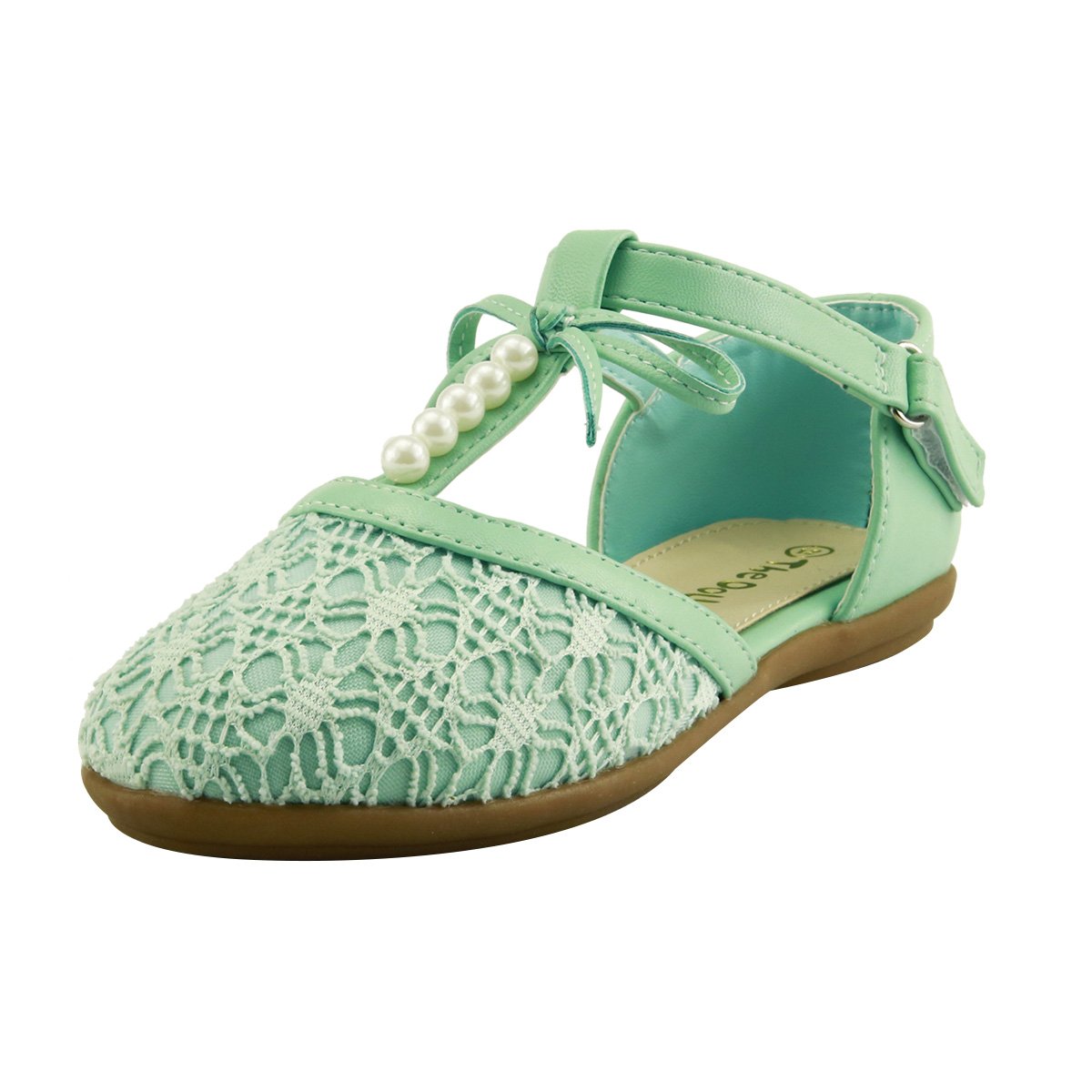 Stylish Elegant Girl's Lace Pearl T-strap Flat Sandal Shoes 3 Colors Closed Toe (11, Mint)