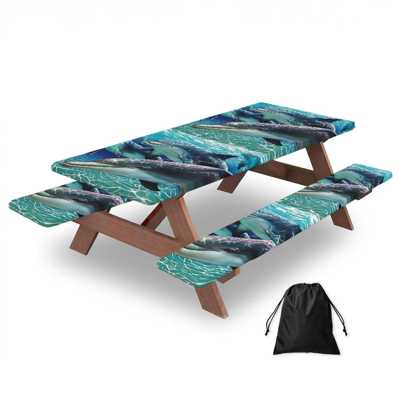 Yqxwjl Black Dolphins Print Camping Essentials Waterproof Camping Table And Bench Cover With Drawstring Bag 183 Cm