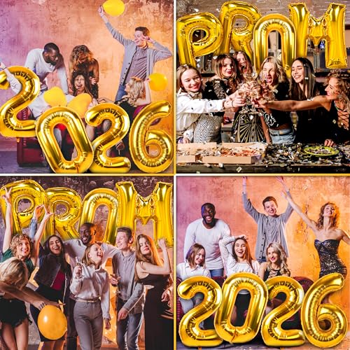 Image of Prom 2026 Balloons Gold 32 Inch Giant - Prom 2026 Decorations Decor for Graduation Party Foil Mylar Balloons Banner Sign