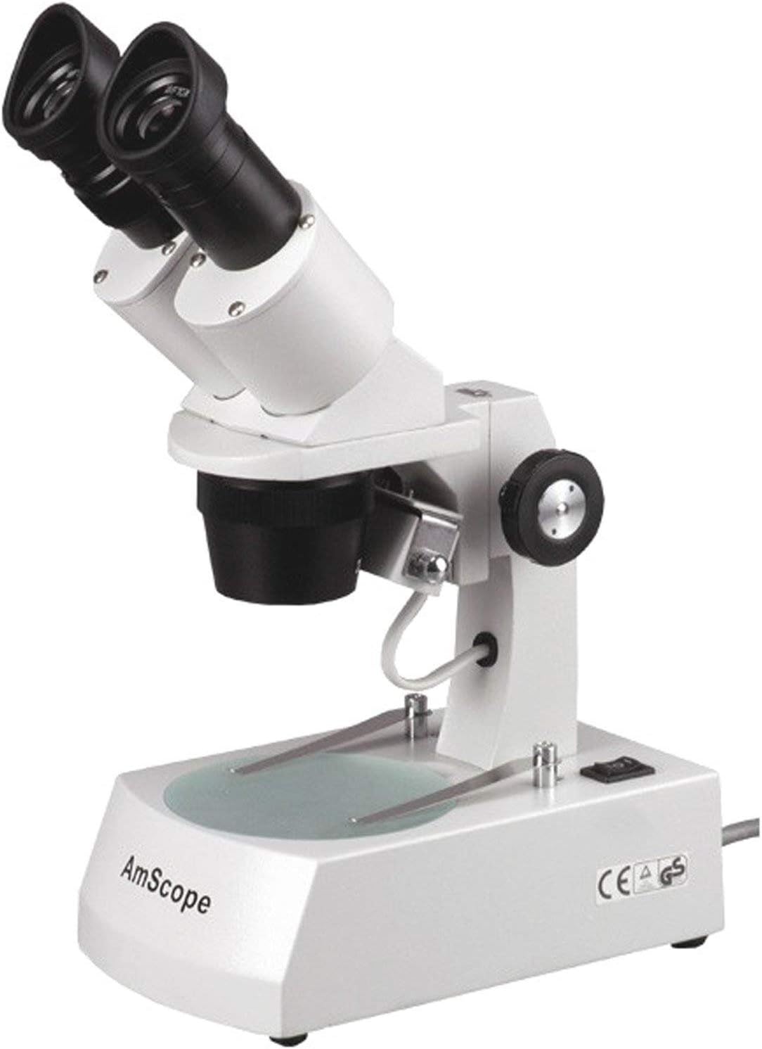 AmScope SE305R-AX Forward-Mounted Binocular Stereo Microscope, WF5x and WF10x Eyepieces, 5X/10X/15X/30X Magnification, 1X and 3X Objectives, Upper and Lower Halogen Light Source, Arm Stand, 120V