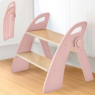 Wooden 2 Step Stool for Toddlers, Foldable 2-Step with Non-Slip Pads and Handles, Bamboo Step Stool for Kids Bathroom Sink and Potty Training, Kitchen Helper, Nursery Bedroom (Pink)