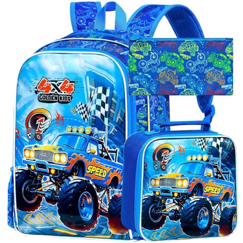 Image of 3Pcs Truck Backpack for Boys, School Bookbag with Lunch Box, 16 inch Kids Backpacks for Elementary Preschool Kindergarten (Blue)