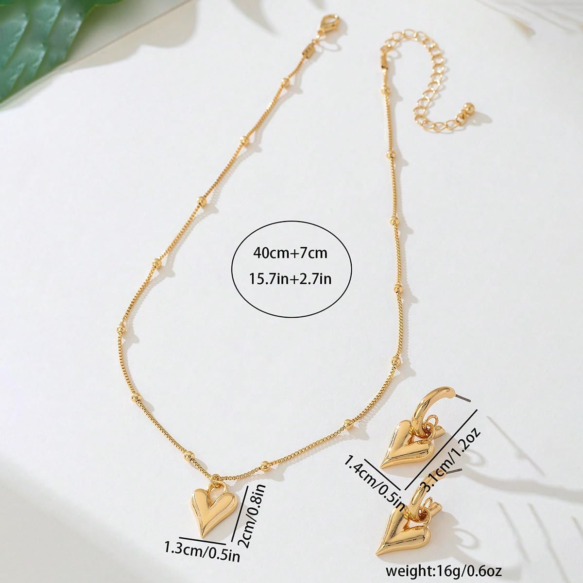 18K Gold-plated Dainty Gold Heart Jewelry Set, Beaded Chain Necklace with Pendant and Drop Earrings - Image 4
