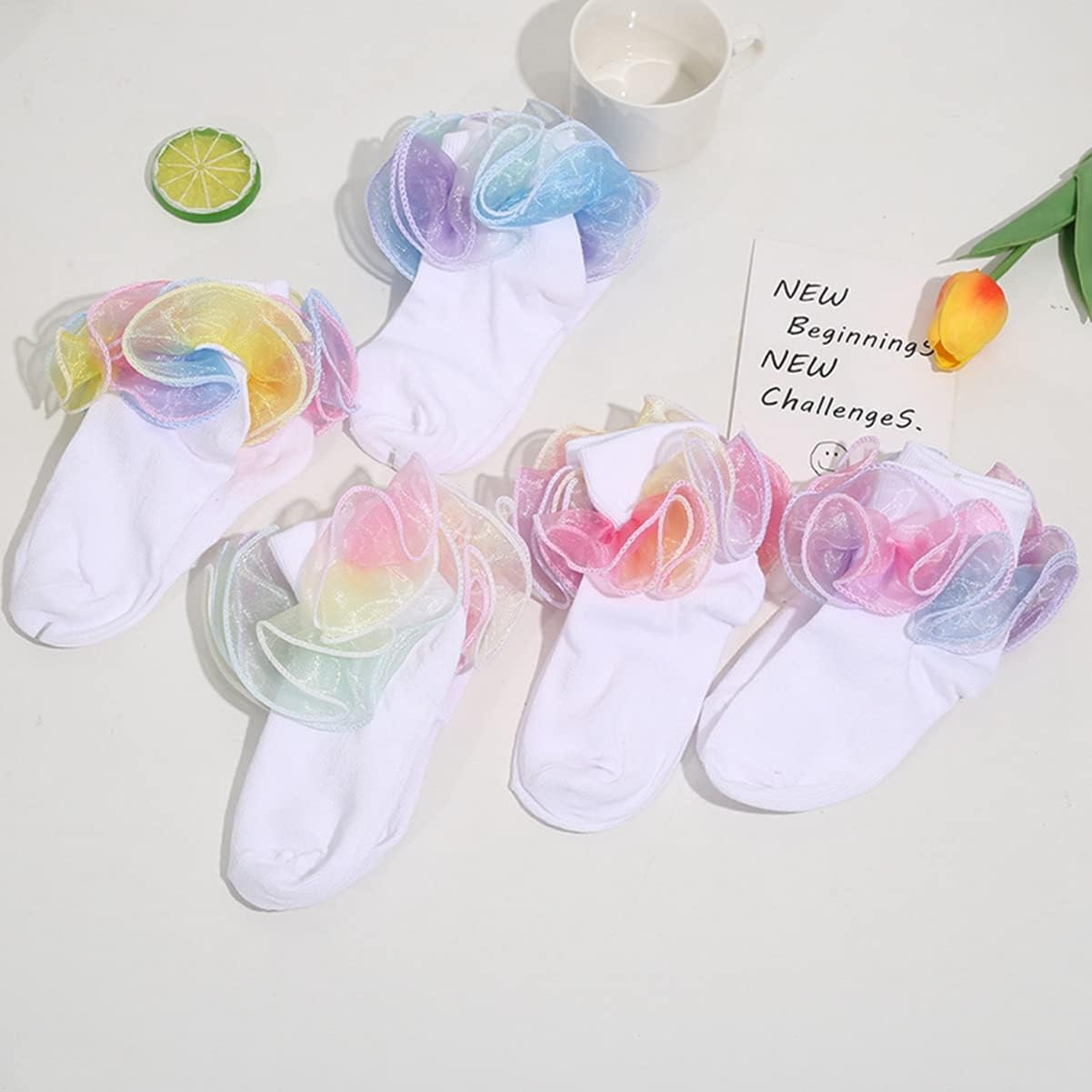 Hopply Toddler Girls Double Lace Socks Turn Cuff Shimmering Big Ruffle Rainbow Style Dress Lace Socks for Infant Kids - Image 5