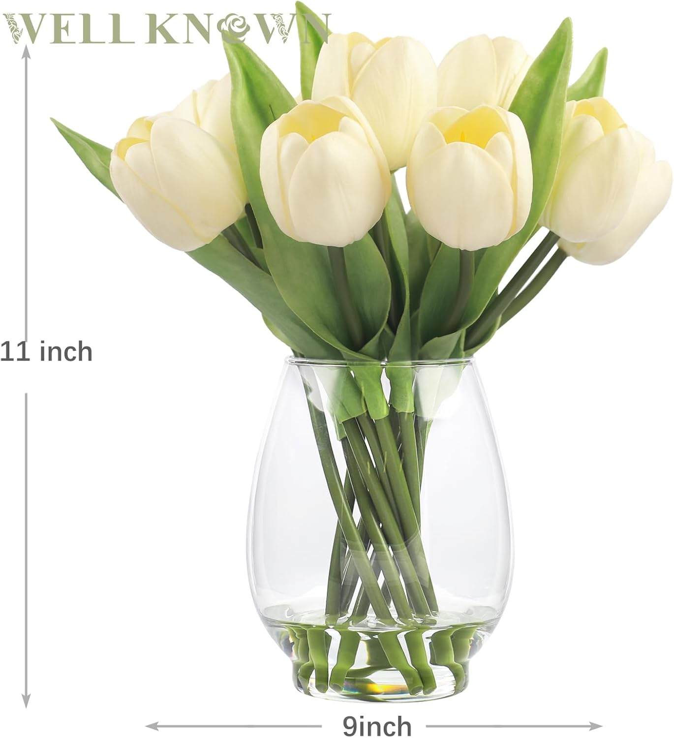 WELL KNOWN 12 Pcs Tulips Artificial Flowers in Vase, Real Touch Tulips with Vase with Upgrate Acrylic Water Flower Arrangements Centerpiece for Dining Room Table Decoration(Cream) - Image 2