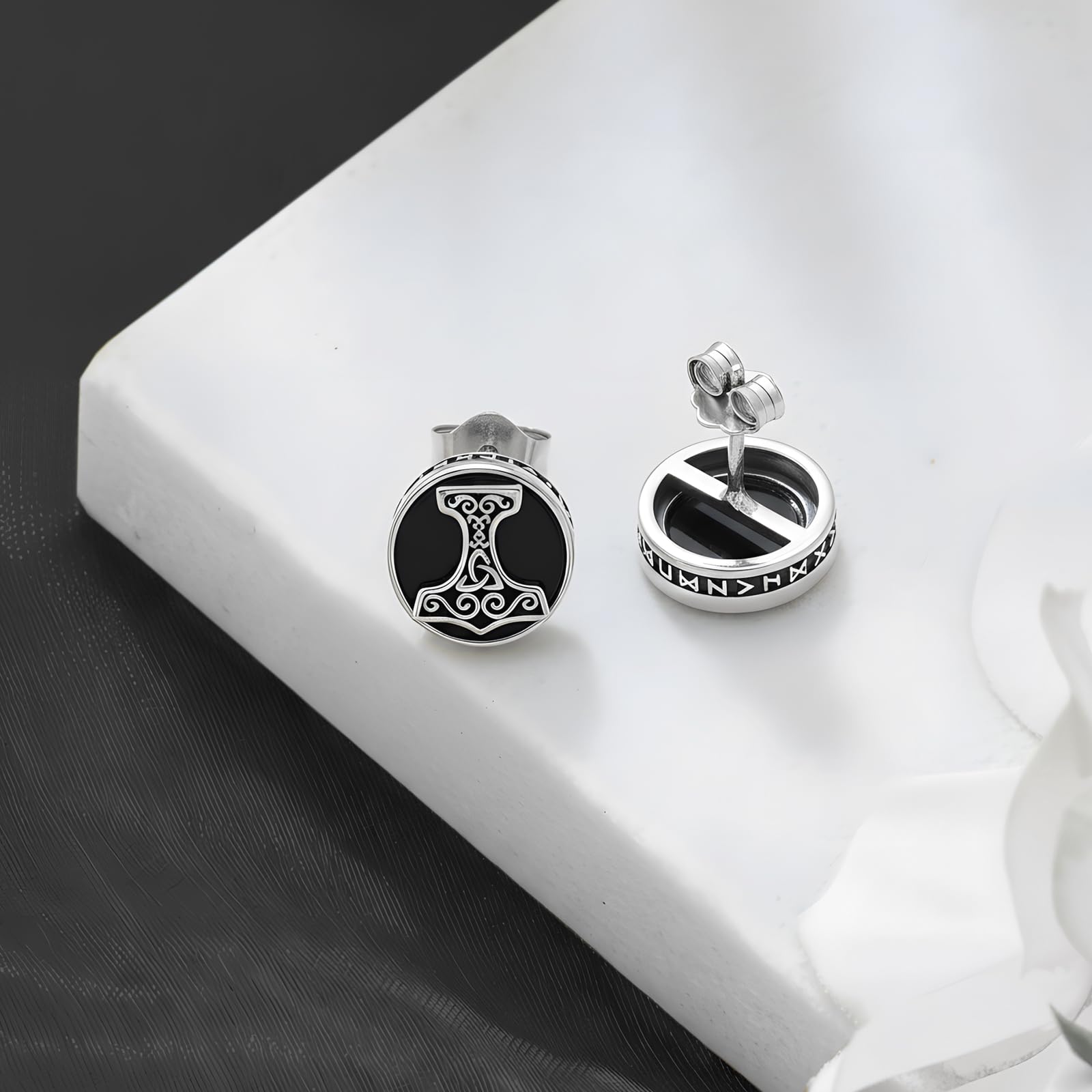 PROESS Wikinger Ohrringe 925 Sterling Silber Natürlicher Schwarzer Onyx Ohrstecker Valknut Knoten/Ankh Kreuz/Thors Hammer/Baum des Lebens/Skull Schmuck Geschenke für Damen Herren