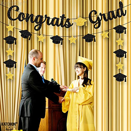 Image of Graduation Decorations 2026 | Glitter Black and Gold Congrats Grad Banner - 10 Feet | Black and Gold Graduation Banner | Cap Garland for 2026 | 2026 Grad Party Decorations, KatchOn