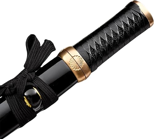 Miniatura 3 de Hoja de crisantemo japonesa real hecha a mano tanto corta katana samurái real de 13 pulgadas 1065 hoja de acero de resorte de acero de espiga