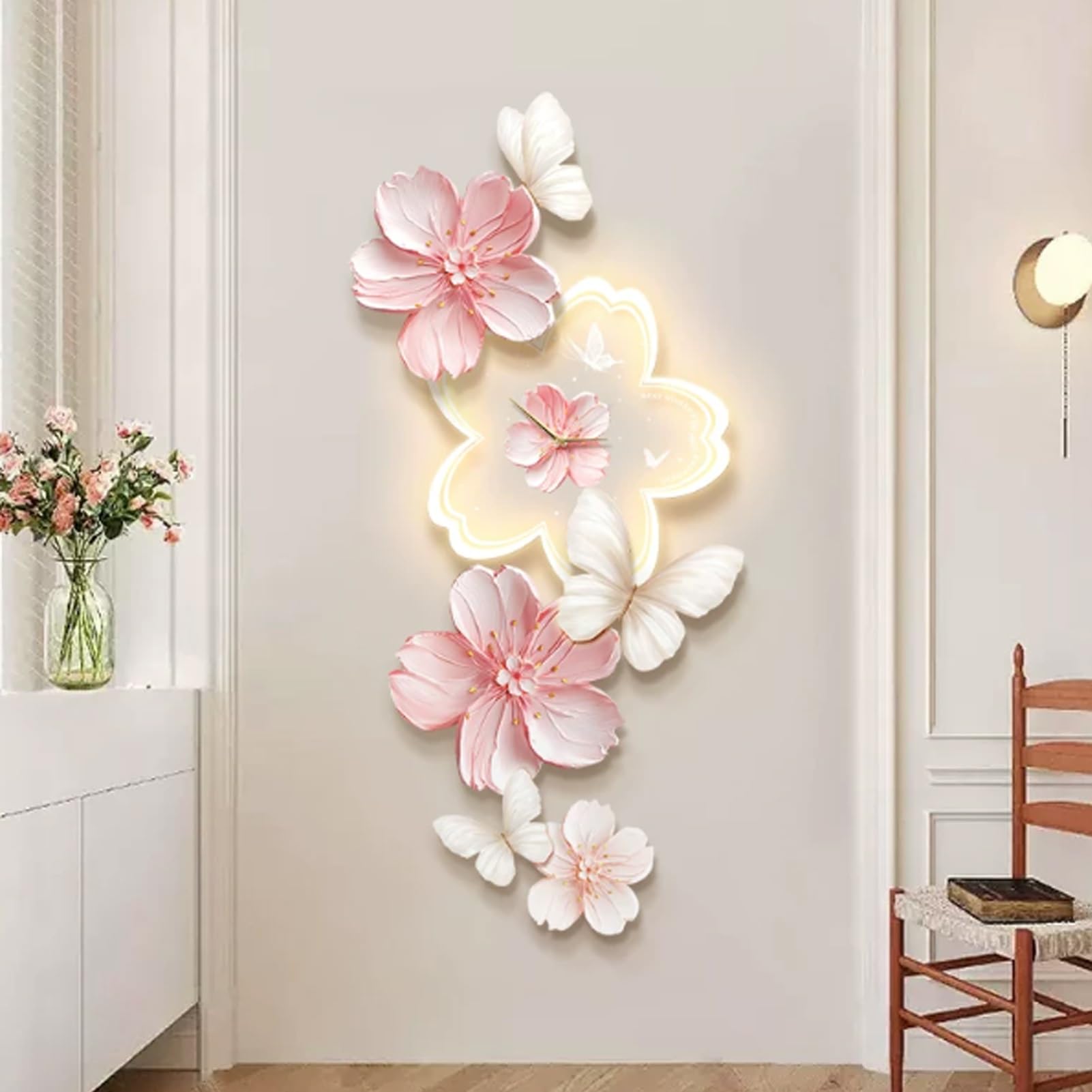 Horloge murale 3D lumineuse fleur grand cadran silencieux art moderne relief