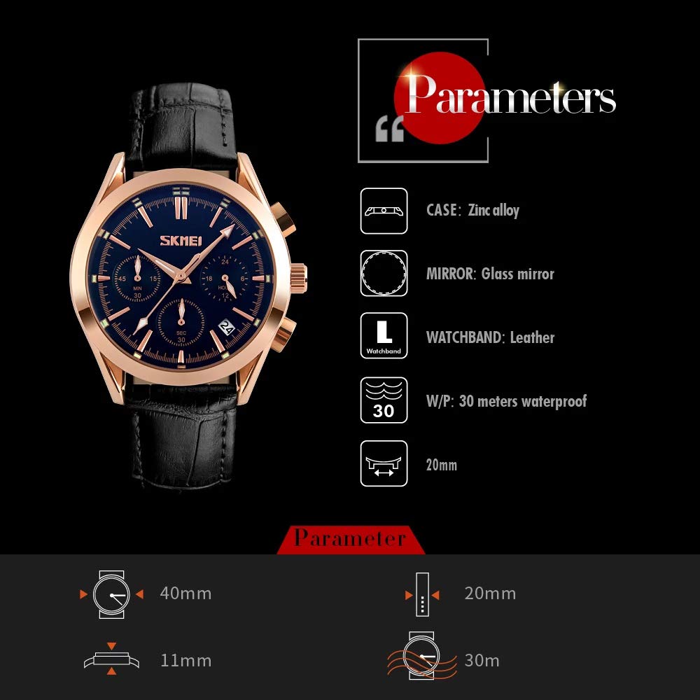 MASTOP Orologio da polso da uomo, analogico, in pelle, cassa in oro rosa, orologio al quarzo, impermeabile, con data, classico, da lavoro