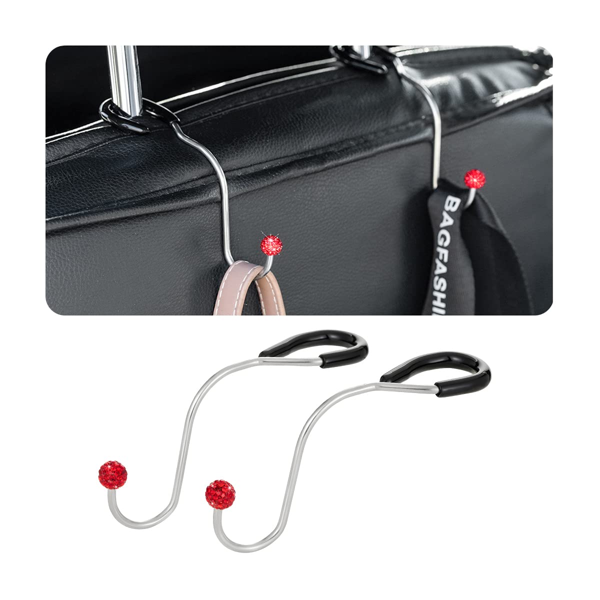 AUCELI2PCS Bling Car Headrest Hooks, Diamond Car Back Seat Headrest Organizer, Rhinestones Vehicle Seat Metal Hanger for Bag Purse Clothes Grocery, Universal Auto Interior Accessories (Red)
