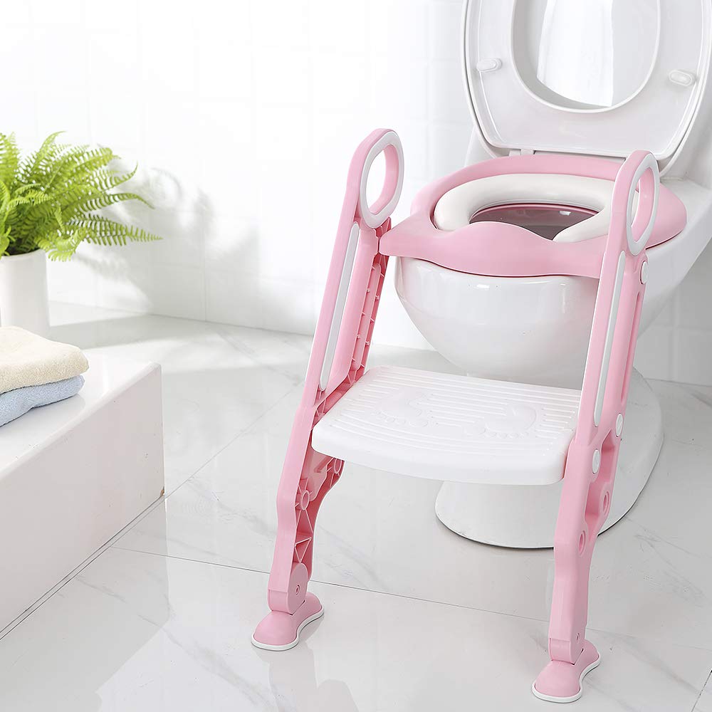 Sedile WC per bambini con scale, pieghevole, stabile, antiscivolo, con maniglie regolabili in altezza (polvere bianca)
