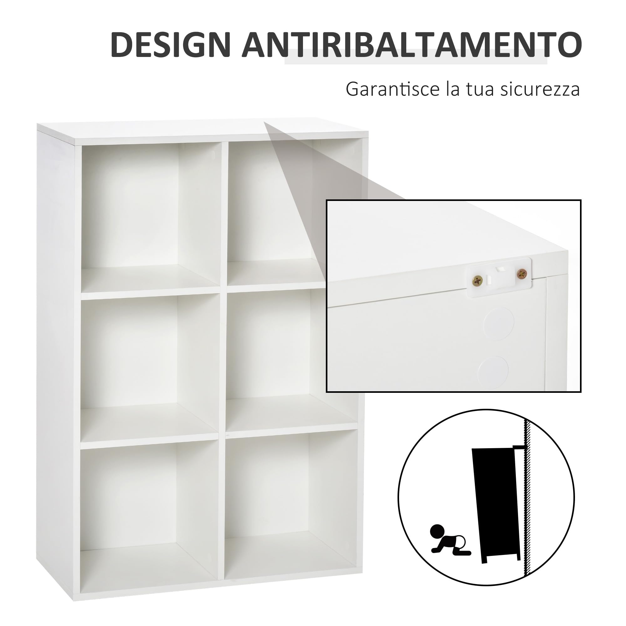 HOMCOM Mobile Libreria a 6 Cubi Salvaspazio 65.5x30x97.5 cm Bianco | in Legno, Scaffale Divisorio, Libreria Bassa, per Stanza, Soggiorno, Camera da Letto, Ufficio