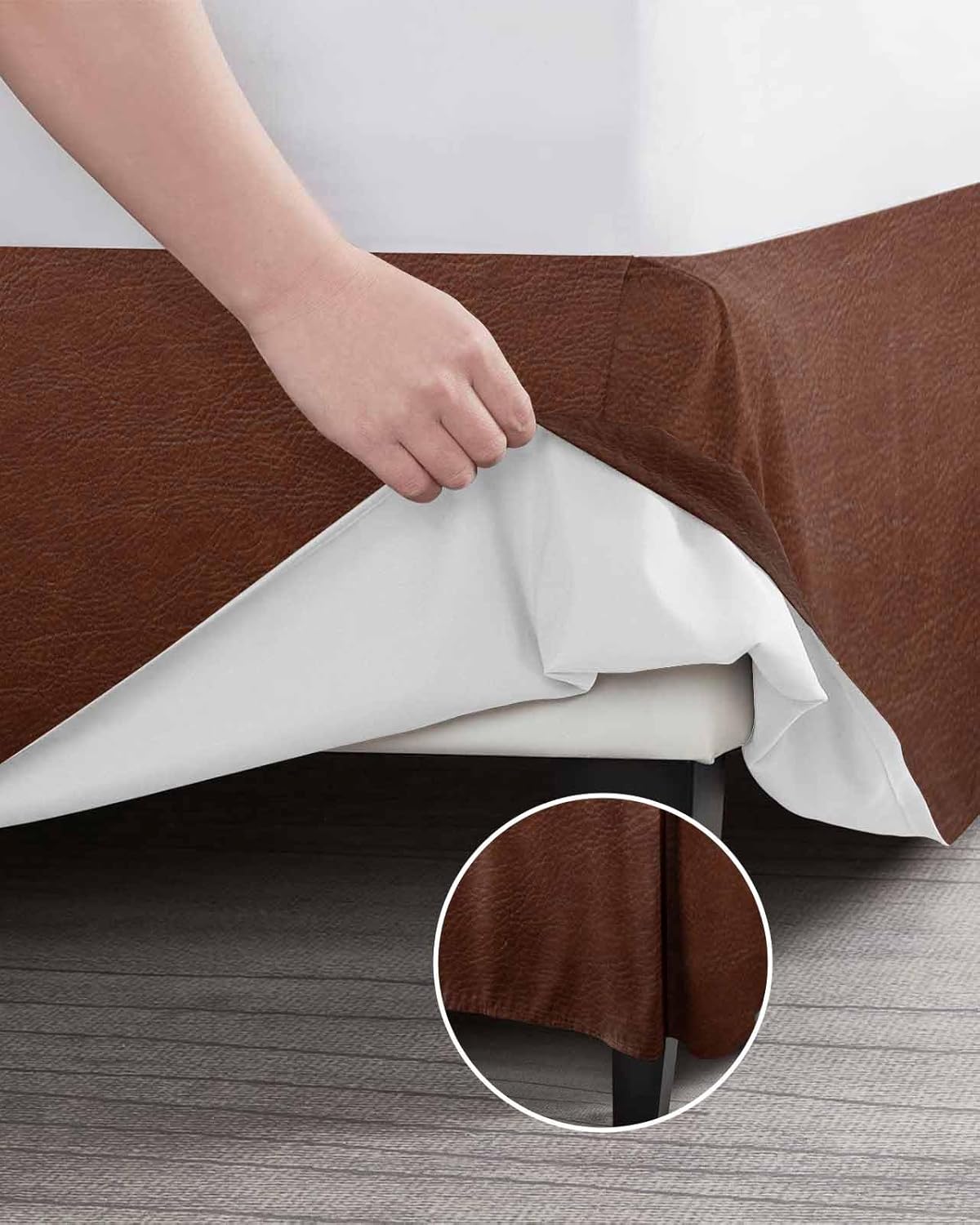 Brown Leather Texture Bed Skirt Queen Size 18 Inch Drop with Split Corners, Farmhouse Vintage Dust Ruffled Pleated Bed Skirts Wrap Around Tailored Bed Skirt Valance for Bedroom
