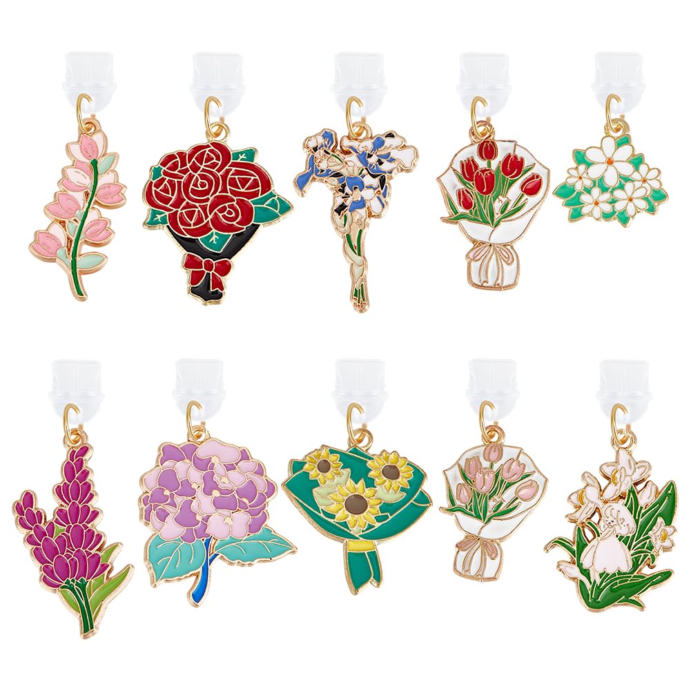 OLYCRAFT 10Pcs Bouquets Type-C Dust Plug Charm 1.2~1.8 Inch Phone Anti-Dust Plugs with Alloy Enamel Flower Pendants Mobile Dustproof Plugs USB C Port