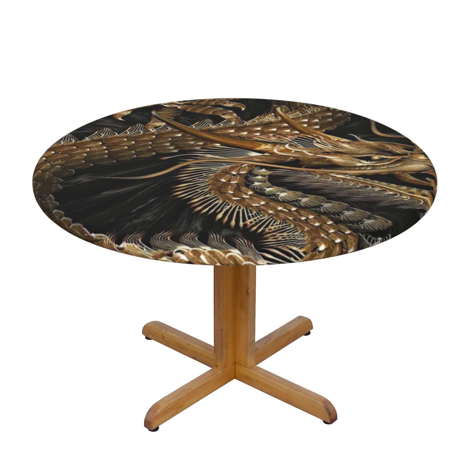 Lsjuee Round Fitted Tablecloth 45-50in Elastic Edged Table Cloth for Kitchen Dining Party Home Decor - Dragon Asian Golden