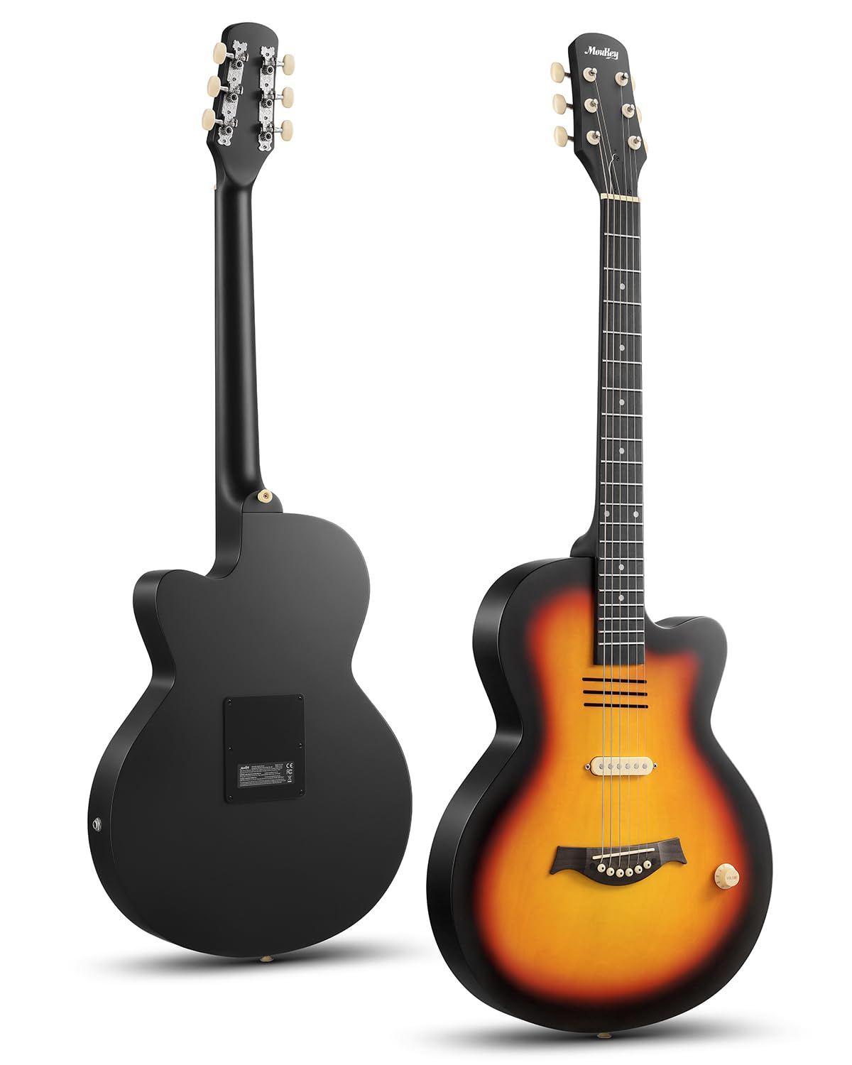 Guitare électro-acoustique Moukey BCC-100 39-inch, pan coupé, micro passif, housse, sangle, médiators, accordeur et capodastre, double mode acoustique et électrique, finition Sunburst