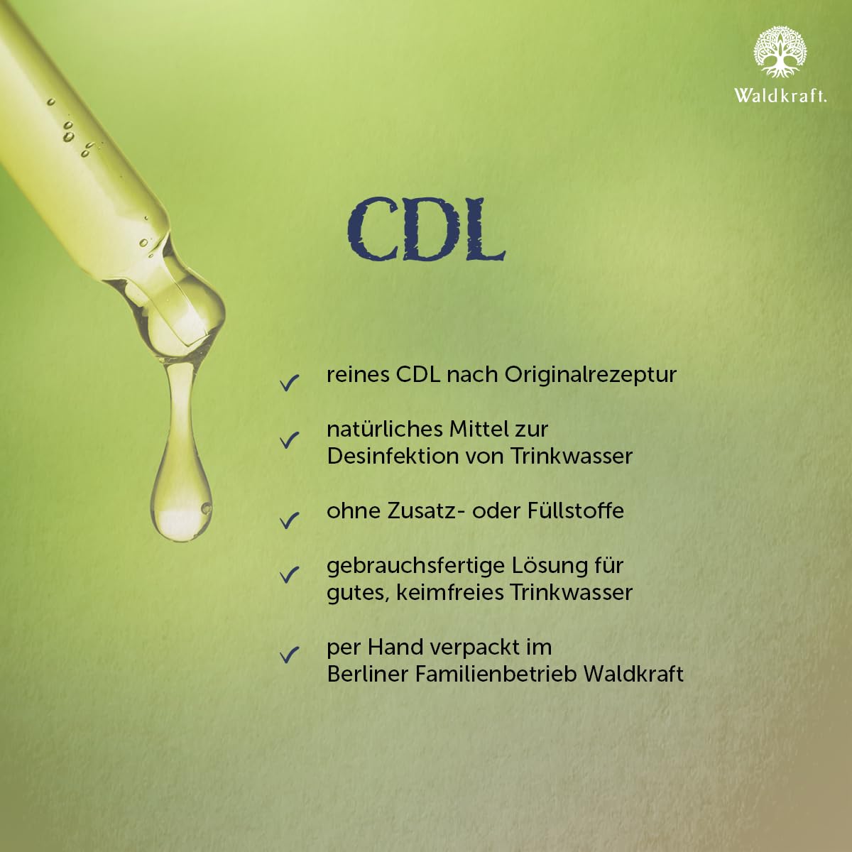 Waldkraft CDL/CDs Chlordioxidlösung 0,3% – 250 ml gebrauchsfertige Lösung zur Trinkwasserdesinfektion & Wasseraufbereitung – Mit Pipette ideal für unterwegs – laborgeprüft & ohne Zusatzstoffe