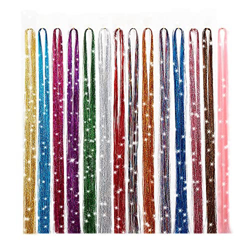 Hair Tinsel Strands Sparkling Shiny Glitter Dazzle Bling 47 Inch 14 Color 2800 Strands Hair Extensions Tinsel Silk Fairy Hair Tinsel Kit for Women Girls(14 Colors Hair Tinsel)