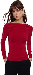 Trendyol Woman Boat Neck Draped Fitted Stretchy Knitted Blouse TWOAW25BZ00109 Blouse