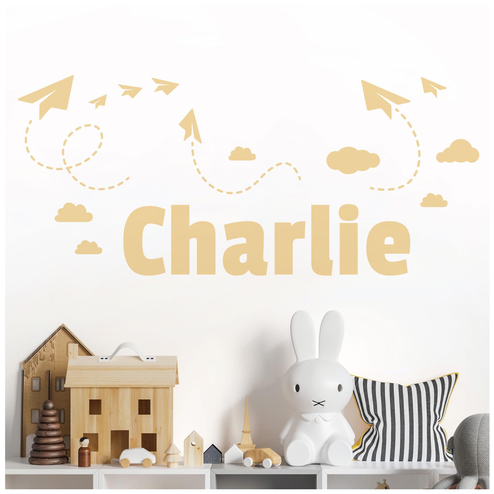 Personalised Name Children Wall Art Sticker - Sky, Paper Planes and Clouds [Medium] [Cream]