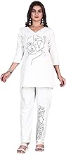 JYESHTA Women’s Off-White Handwork Face Art Kurti Pant Co-Ord Set | Premium Hand-Embroidered Suit | Trendy Designer Kurti Pant Set for Office & Casual Wear | Summer Comfortable Co-Ord Outfit