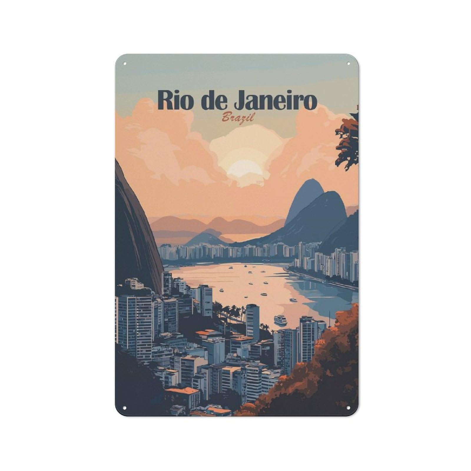 Junmoney Style-19 Urban Metal Wall Art Sign 30X20cm Featuring Rio De Janeiro Cityscape, Studio Wall Art For Modern Home, Workshop, Office Or Cafe