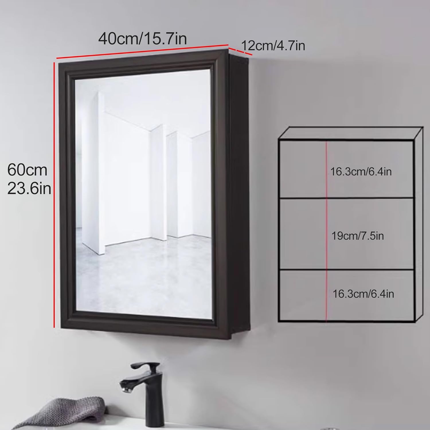 Medicine Cabinet, Bathroom Mirror Cabinet with 3 Layers Storage, Wall Mounted Bathroom Vanity, Cabinet for Bathroom, Above Toilet Storage Cabinet, for Dormitories, Kit