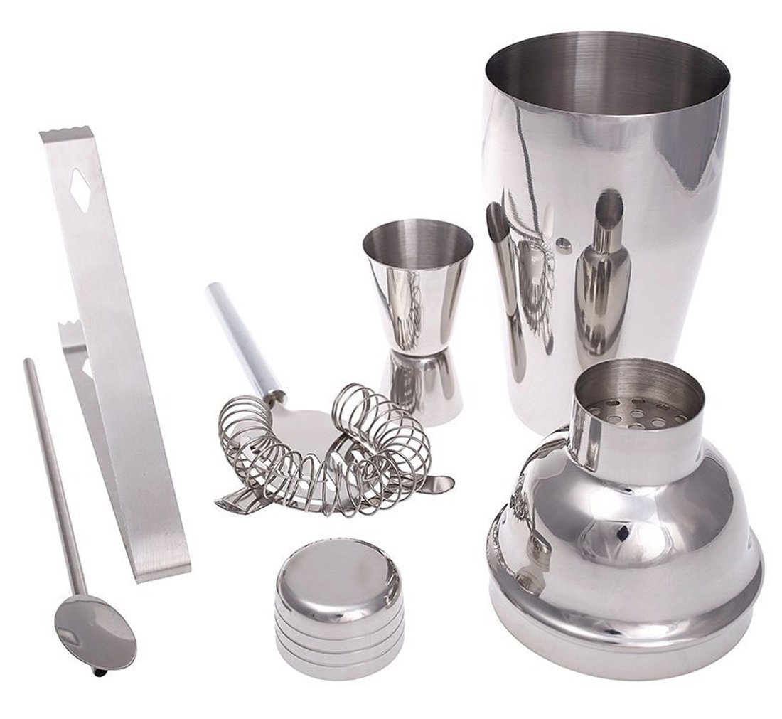 Gifts Infinity® 7 Piece Stainless Steel Bar Set - 18.5 oz Martini & Cocktail Shaker, Stirrer, Strainer, Double Jigger, and Ice Tongs. (2)