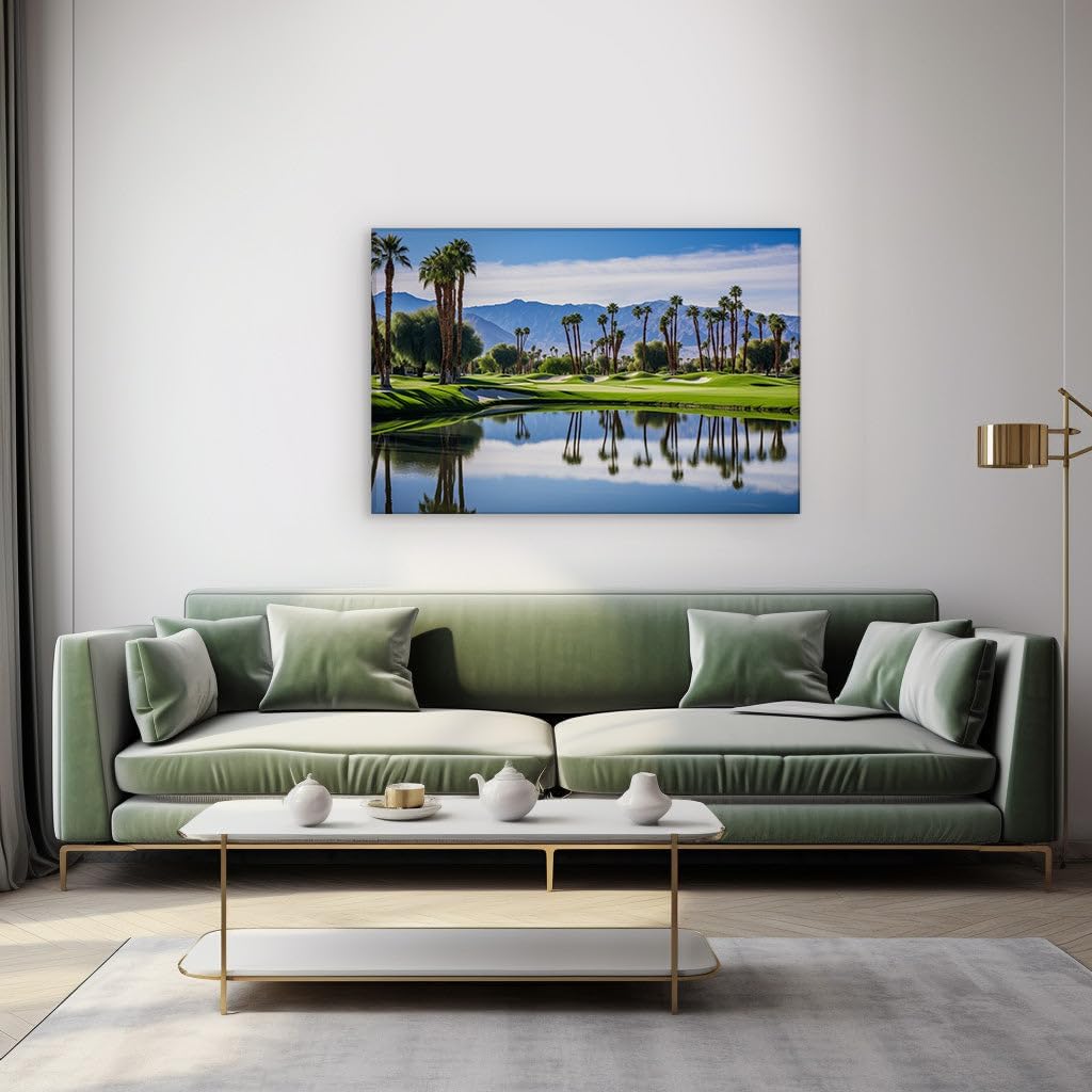 Canvas for Living room. Serenity on the Greens: An Oasis of Calm Against a Mountain Backdrop, 27 x 18 inch Canvas Wall Art - Ready to Hang