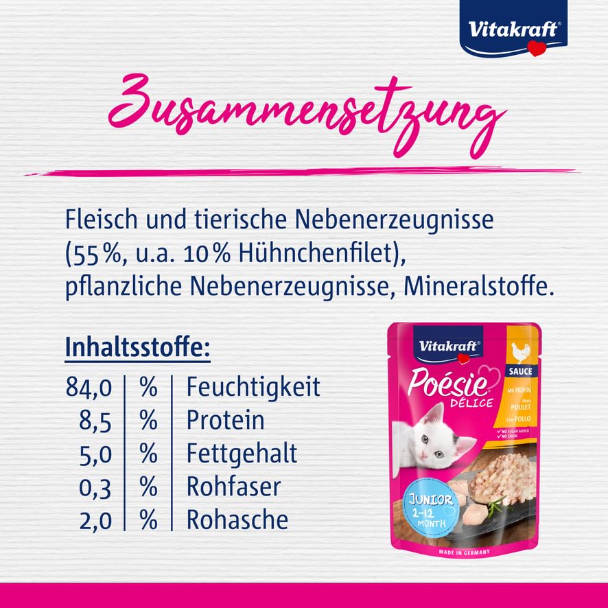 Vitakraft Poésie Délice, Junior, Nassfutter Katze, Katzennassfutter in Sauce, mit Huhn, für junge Katzen, ohne Zusatz von Zucker und Getreide (1x 85g)
