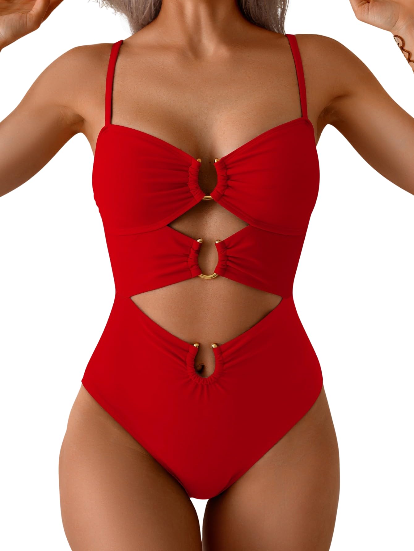 Photo 1 of Eomenie Womens Cutout One Piece Swimsuit with Ring Linked Sexy Monokini Bathing Suit for Beach Vacation Red