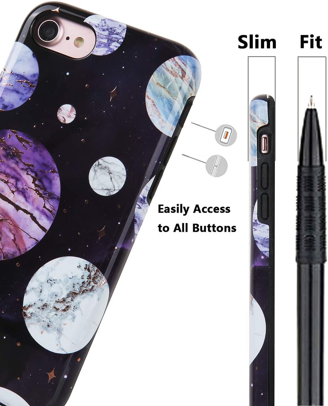 Apple iPhone SE 2nd Generation iPhone 8 iPhone 7 Case Cute Golden Floral Galaxy Pattern Dual Layer Black Soft TPU Hard PC Shockproof Phone Cases for Women Girls Men Boys[4.7"]